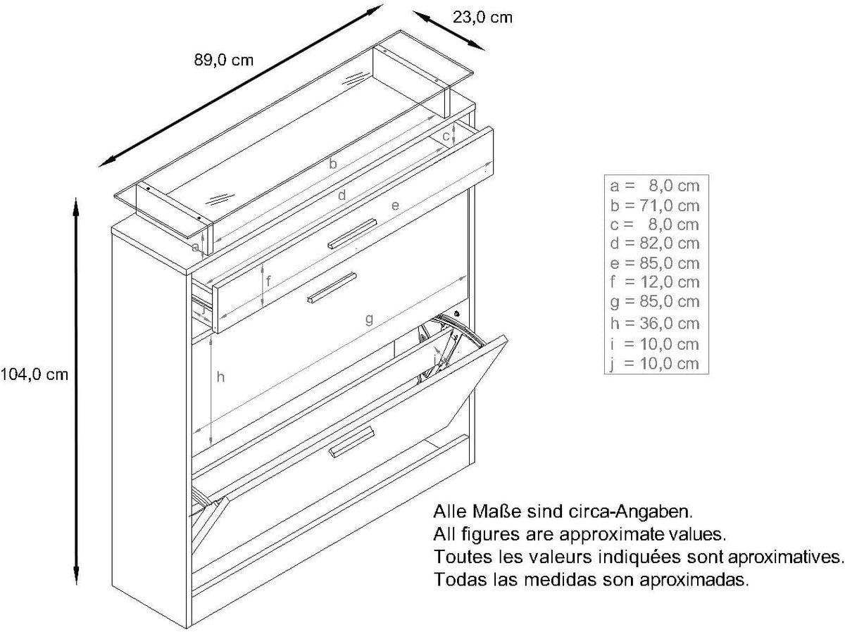 Zapatero Vladon Loret, mueble basculante para 16 pares de zapatos con 2 puertas abatibles, 1 cajón y estante de cristal, negro mate/gris alto brillo (89 x 104 x 23 cm)