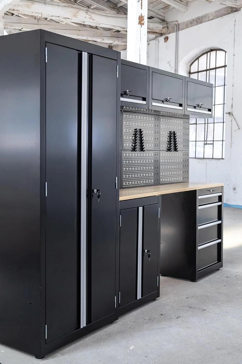 Ondis24 XL Kompletny Zestaw Warsztatowy 260 cm, wstępnie zmontowany, modułowy, kierunek warsztatowy z drewnianą płytą roboczą, szafy na narzędzia, stół warsztatowy z szufladami (9-częściowy)