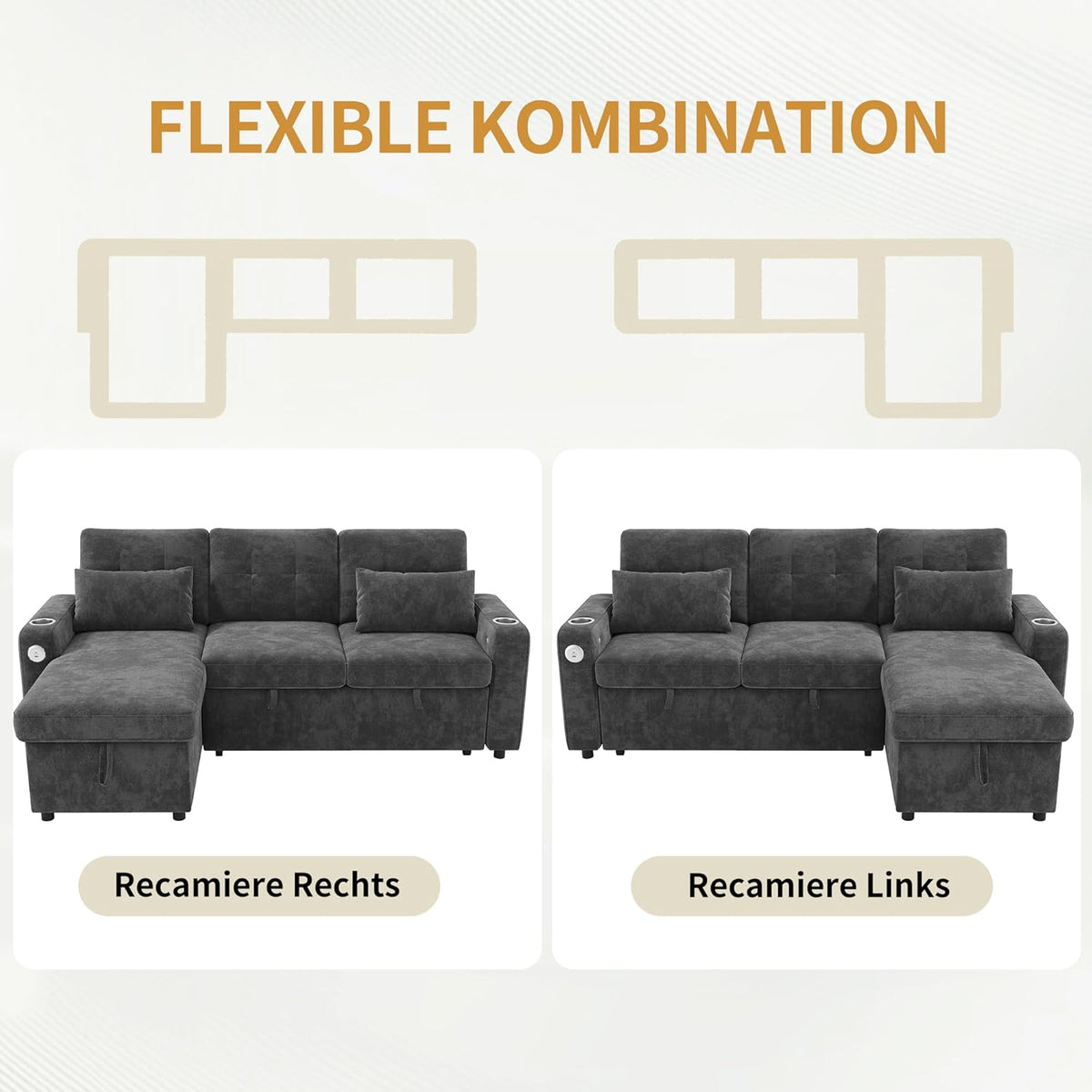 Sofá en L Merax con función cama y arcón, práctico sofá cama con espacio de almacenamiento, iluminación LED, USB/Tipo-C y 2 portavasos, sofá cama extraíble en forma de L, tela de chenilla, gris