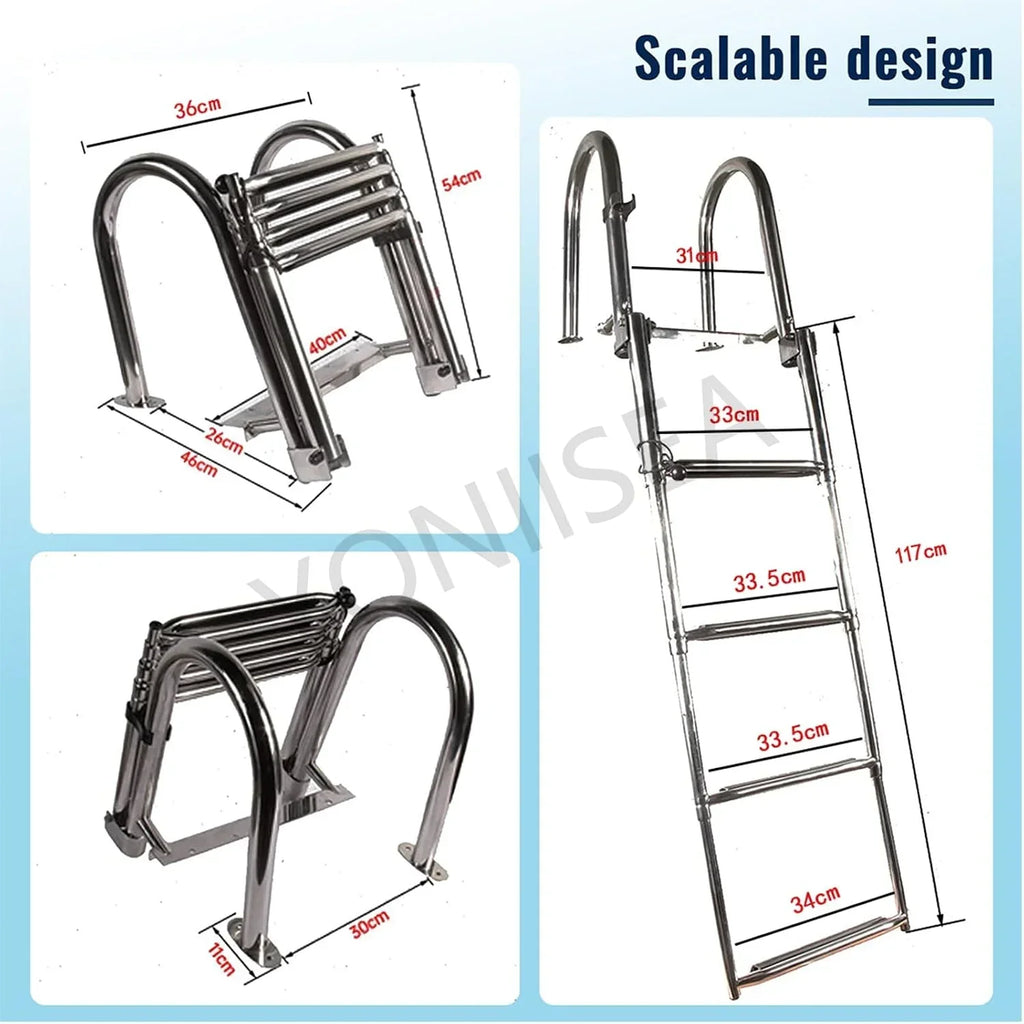 Escalera de piscina de acero inoxidable plegable de 4 peldaños, extensible, altura de piscina de 120-150 cm, peldaños antideslizantes, pasamanos, capacidad de carga de 220 kg