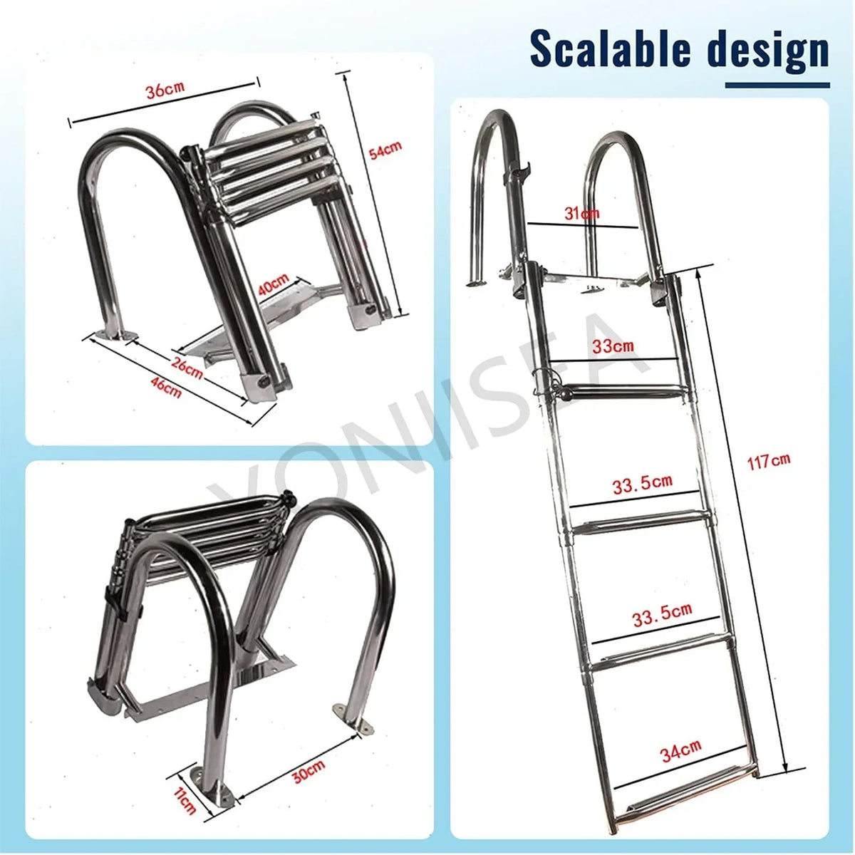 Escalera de piscina de acero inoxidable plegable de 4 peldaños, extensible, altura de piscina de 120-150 cm, peldaños antideslizantes, pasamanos, capacidad de carga de 220 kg