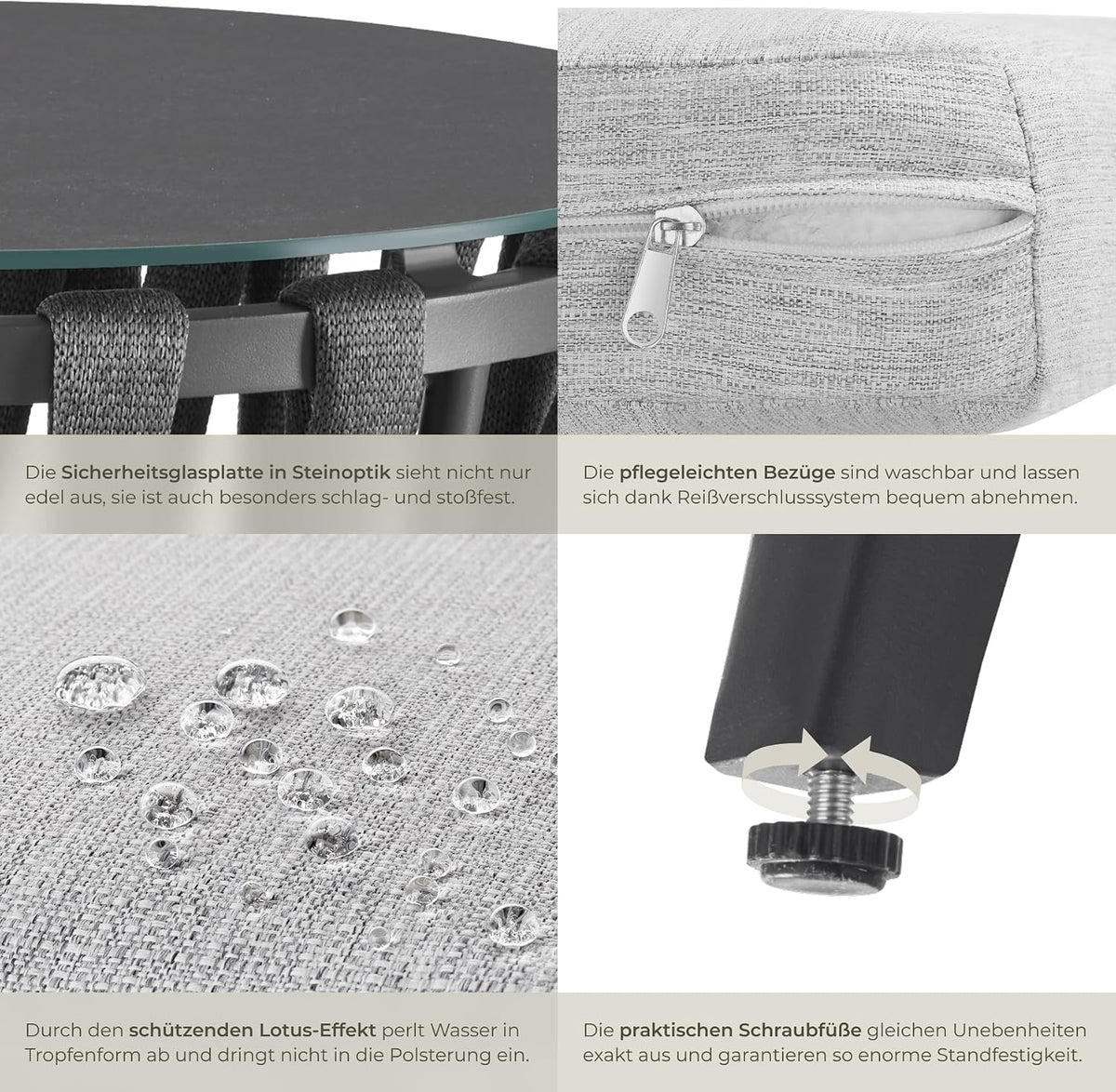 tectake® Gartenmöbel-Set Lugano Rope-Design, Aluminiumgestell, Tisch 2 Stühle, Dicke Sitzpolster, Gartenlounge, Loungemöbel, Gartensitzgruppe, Outdoor Lounge Set, Terrassenmöbel, Balkonmöbel