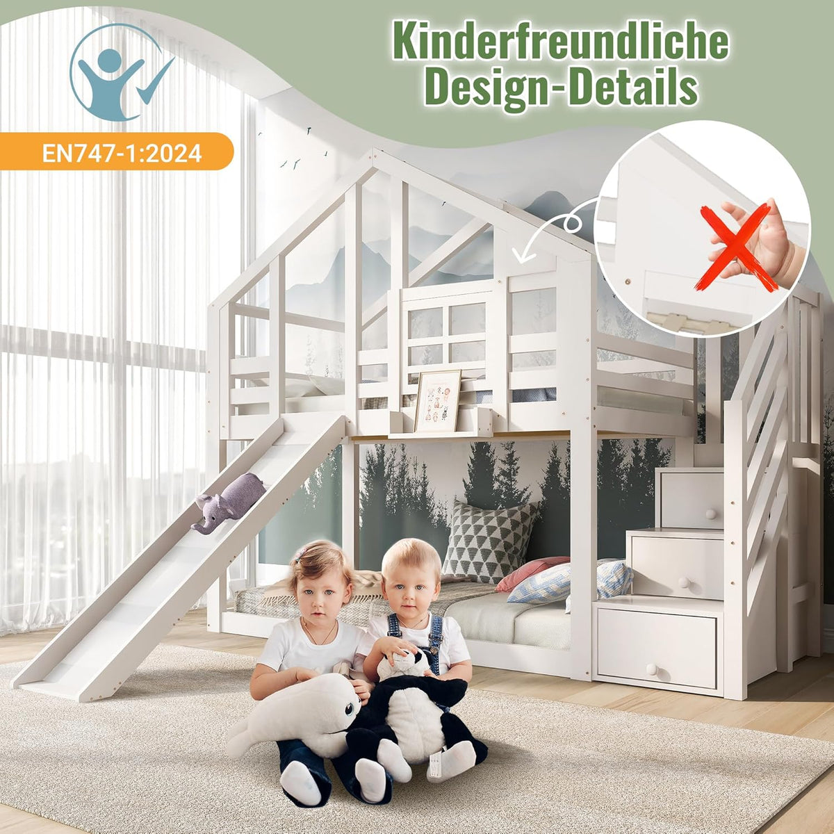 Cama litera infantil Merax 90x200cm, cama casita, litera alta con tobogán, escalera, compartimento de almacenamiento, espacio de almacenamiento, somier, protección anticaídas, con ventana, para 2 niños, sin colchón, blanco/254x96x207cm