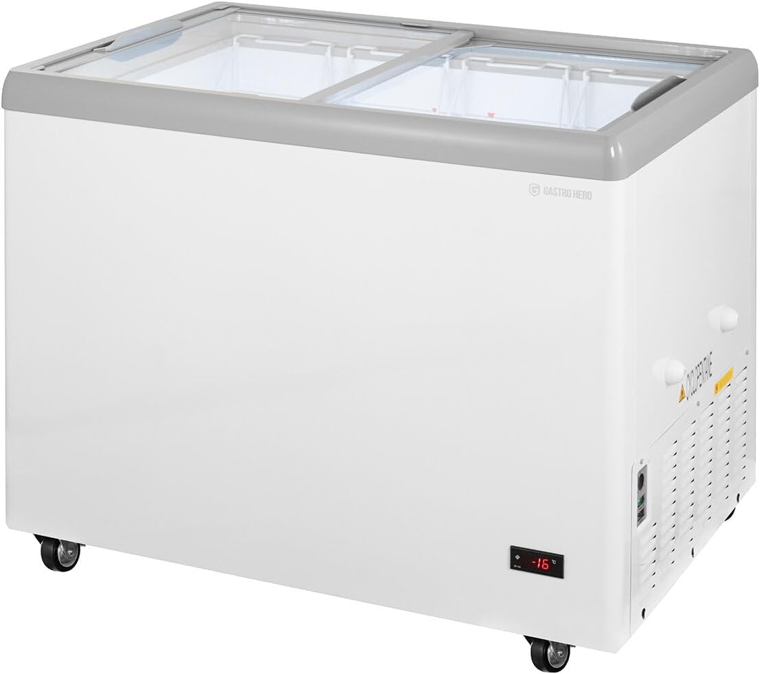 GastroHero Arcón congelador para helados 284 litros Congelador horizontal Iluminación LED Tapa de cristal corredera Ruedas Congelador comercial para helados Ventas –18 °C Hostelería Kiosco