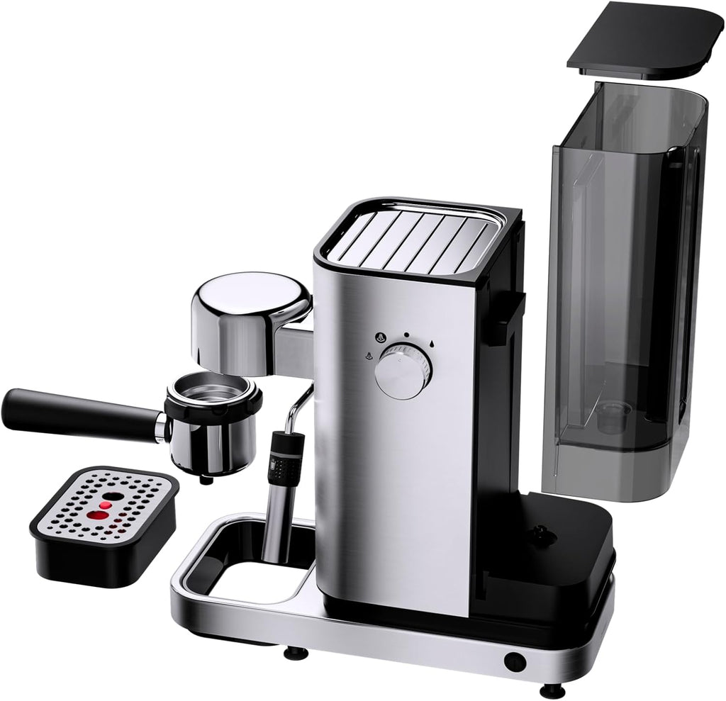 Cafetera espresso de brazo WMF Lumero 1400 vatios, máquina de café espresso, 3 filtros, para 1-2 tazas de espresso, también para monodosis, 15 bares, superficie calientatazas, boquilla para espuma de leche, acero inoxidable mate