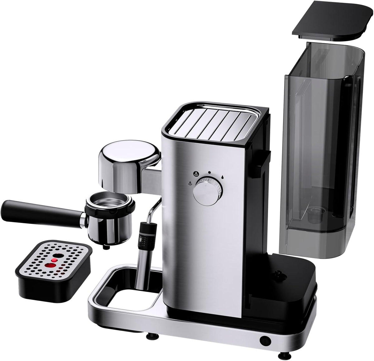Cafetera espresso de brazo WMF Lumero 1400 vatios, máquina de café espresso, 3 filtros, para 1-2 tazas de espresso, también para monodosis, 15 bares, superficie calientatazas, boquilla para espuma de leche, acero inoxidable mate