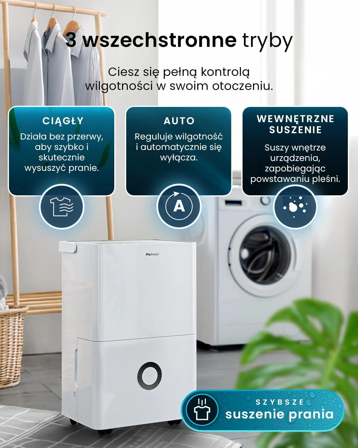 Pro Breeze Osuszacz powietrza 30 l w 24 h – wydajność osuszania, elektryczny z Wi-Fi, czujnik wilgotności, zbiornik 4 l, timer, wąż odpływowy, ochrona