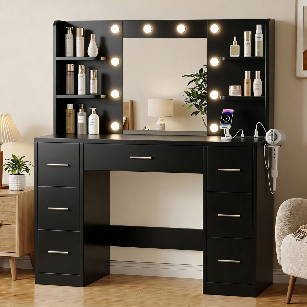 Tocador grande JUMMICO con iluminación LED ajustable y enchufes, tocador con espejo y 7 cajones, tocador moderno con 10 luces LED para dormitorio, negro