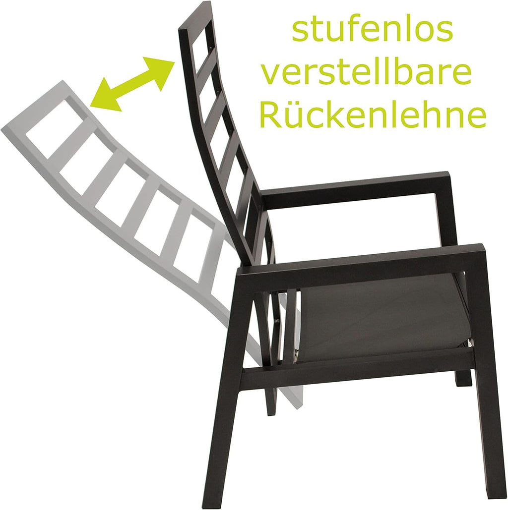 DEGAMO 2x Silla de jardín de respaldo alto MANCIANO, aluminio inoxidable color antracita, con cojines gris oscuro, respaldo ajustable de forma continua con resorte de gas
