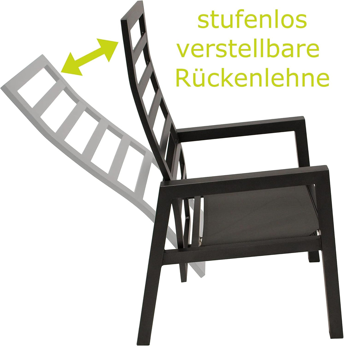 DEGAMO 2x Silla de jardín de respaldo alto MANCIANO, aluminio inoxidable color antracita, con cojines gris oscuro, respaldo ajustable de forma continua con resorte de gas