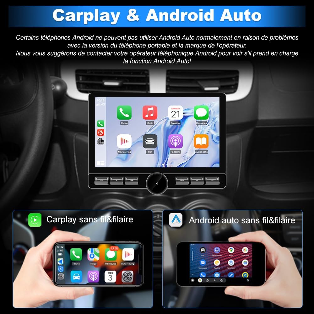 Autoradio Android 13 1 DIN universal para coche, pantalla de 10,6 pulgadas, compatible con GPS, CarPlay, Android Auto, WiFi, 4G, Bluetooth, FM, RDS, USB, mandos en el volante [4GB+64GB]