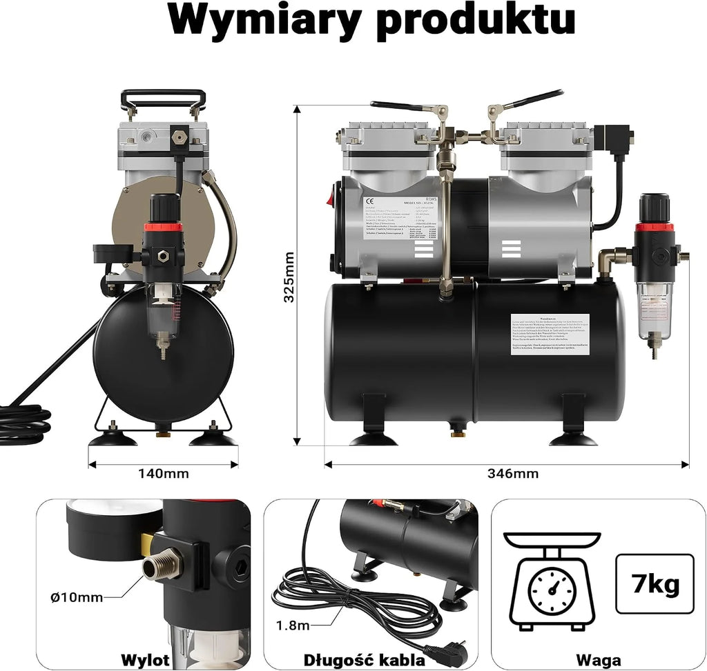 Kompresor AS196 do aerografu ze zbiornikiem powietrznym 2-cylindrowy 6 tłoki automatyczne wyłączanie
