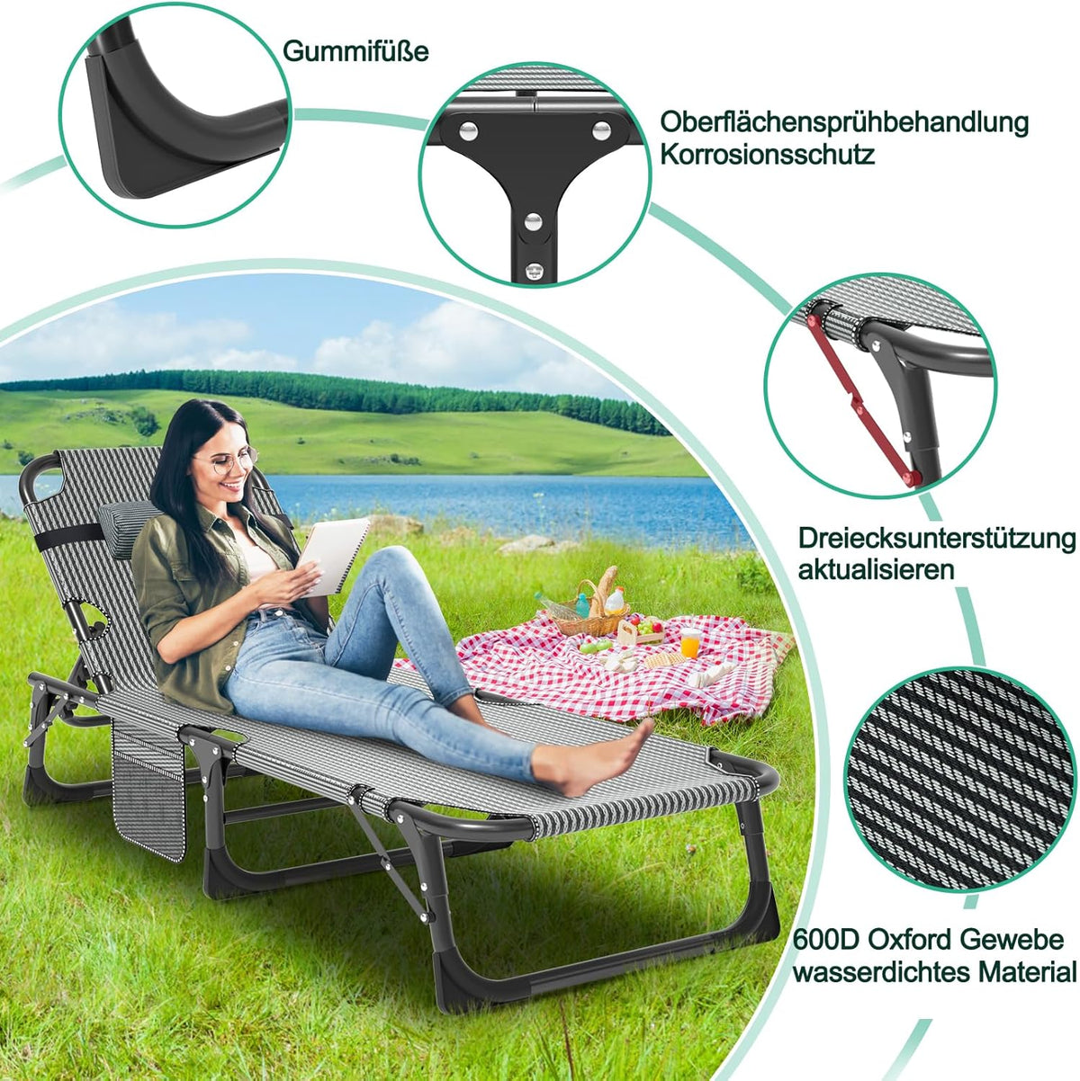 Set de 2 tumbonas plegables con colchón, capacidad de carga de 200 kg, tumbona de jardín con bolsillo lateral y reposacabezas, respaldo ajustable, tumbona de relax para balcón, jardín y playa