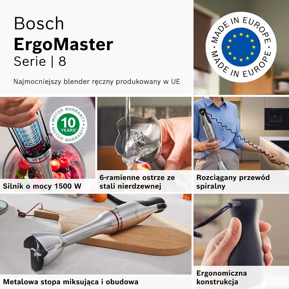 Bosch, blender ręczny, ErgoMaster Serie 8, silnik 1500 W, intuicyjna regulacja prędkości, 6-ramienne ostrze, akcesoria w zestawie, stal nierdzewna, MSM8M934