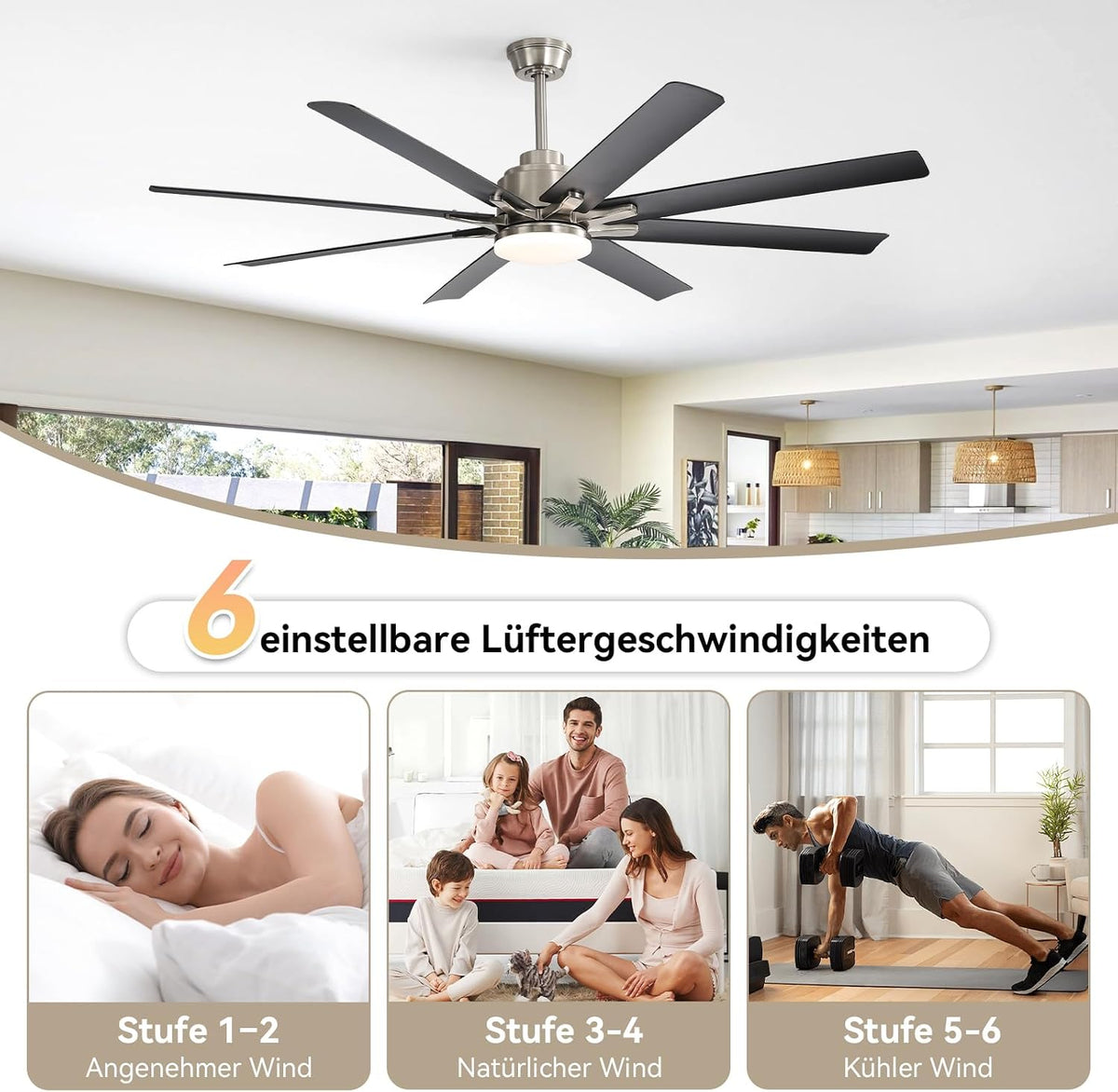 Ventilador de techo Sofucor de 132 cm con luz, ventilador de techo silencioso con luz y control remoto, CC, 8 aspas, 3 temperaturas de color, temporizador, 6 velocidades, modo verano e invierno para salón
