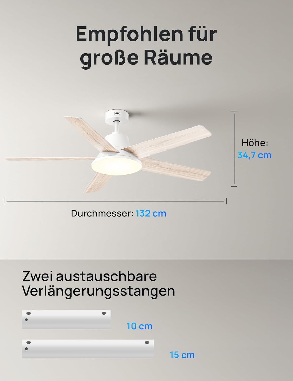 Ventilador de techo inteligente DREO con luz, 132 cm, 12 velocidades, 3 modos, iluminación LED de intensidad regulable, motor CC silencioso, temporizador de 12 horas, control remoto/APP/Alexa, para interiores, blanco