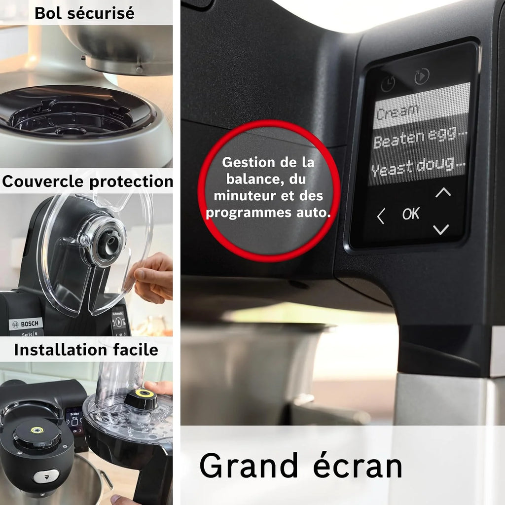 Bosch Robot kuchenny seria 6, 2 miski 5,5 l (stal nierdzewna, tworzywo sztuczne), waga zintegrowana, 7 programów automatycznych, 7 stopni, mieszadło planetarne, hak do zagniatania/miotła silikonowa