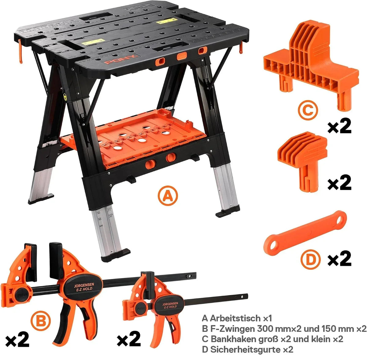 Banco de trabajo plegable 2 en 1, caballete, capacidad de carga de 454 kg, patas de aluminio ajustables, 79 x 63,5 x 89 cm, incluye prensas de tornillo