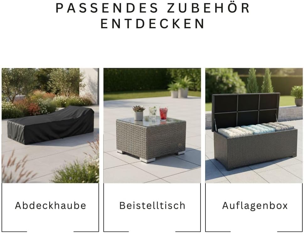 Tumbona de jardín RS Trade resistente a la intemperie de ratán sintético con ruedas – Tumbona de exterior de ratán con respaldo ajustable en varias posiciones para jardín, terraza, balcón y piscina, gris con cojín gris