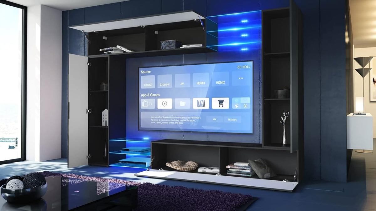 Mueble de salón Vladon Mirage, fabricado en Alemania, mueble mural con panel trasero con 2 puertas, 2 puertas abatibles y 6 estantes de cristal abiertos, negro mate/gris brillante, incluye iluminación LED (262 x 183 x 39 cm)