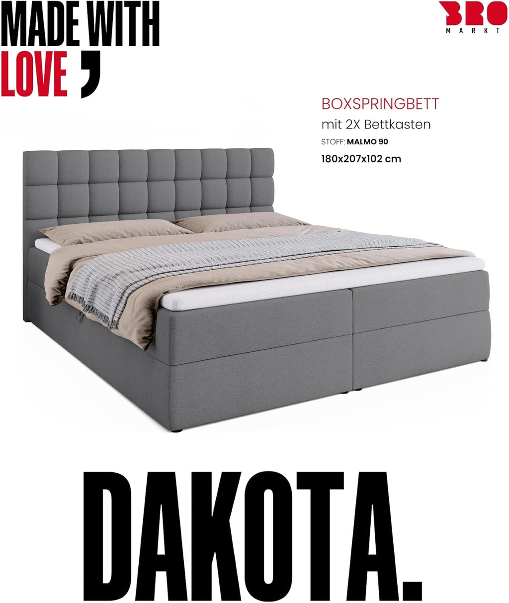 Cama boxspring BROMARKT con arcón, cama tapizada con colchón Bonell y topper, cama para dormitorio, cabecero acolchado, modelo Dakota, muelles Bonell, 180x200, grado de firmeza H3, gris Malmo
