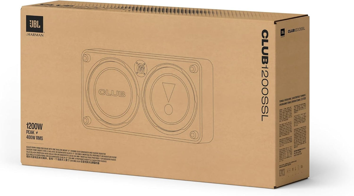 Subwoofer para coche JBL Club 1200SSL, caja plana de 12 pulgadas - Altavoz de graves de 1200W | Subwoofer utilizable como activo o pasivo gracias a la tecnología SSI de 2-4 ohmios, 400W RMS, profundidad de montaje reducida, cono de polipropileno robusto