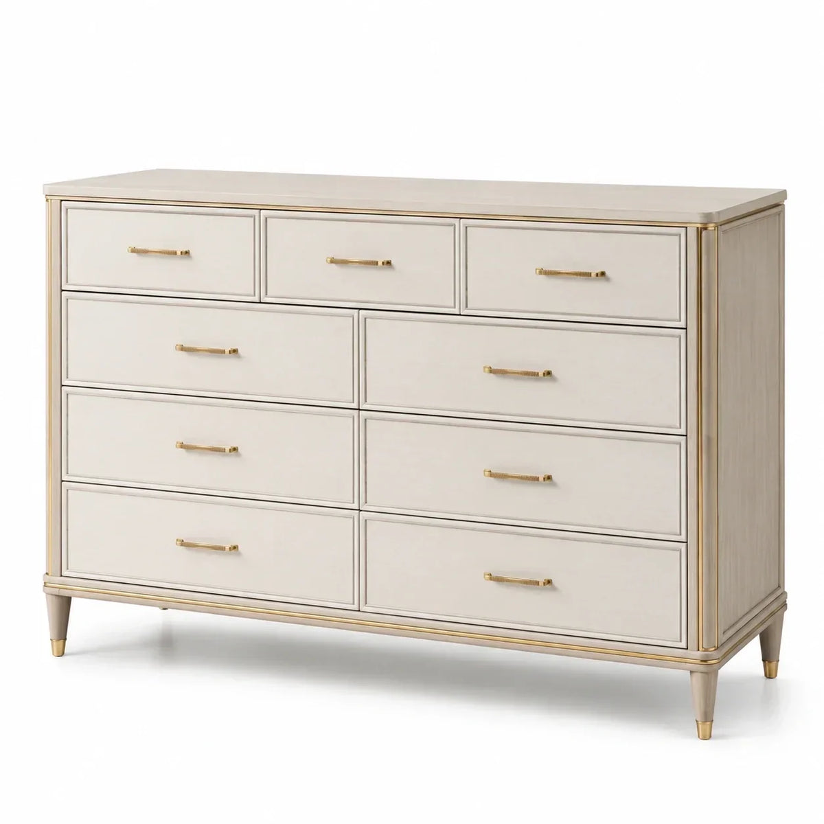 Cómoda de madera de 10 cajones, madera maciza, beige/dorado, 140x45x90 cm