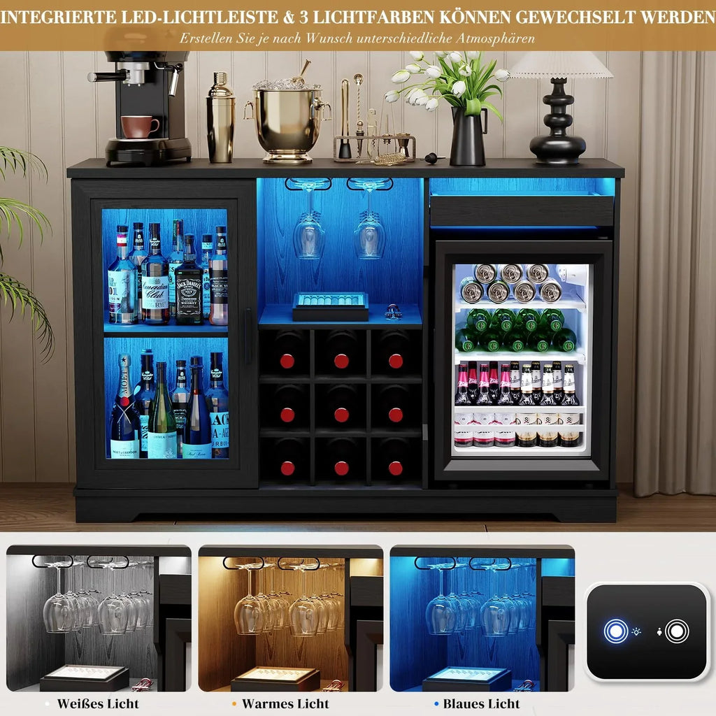 Mueble bar con refrigerador WR003B 120 x 40 x 78 cm iluminación LED 9 botelleros sensor de movimiento
