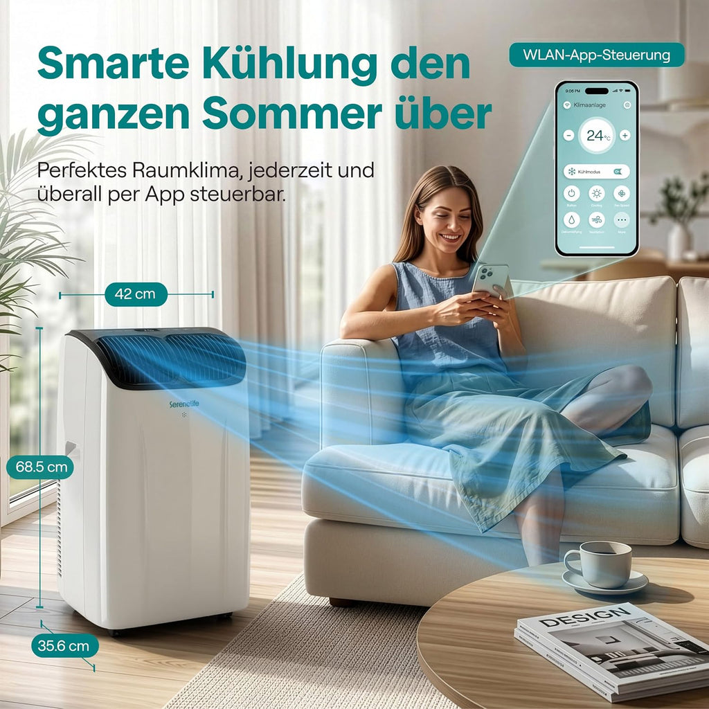 Aire acondicionado portátil SereneLife 14000 BTU – Aire acondicionado pequeño para habitaciones de hasta 33 m² | WiFi | Enfriamiento, deshumidificador y ventilador | 51 dB