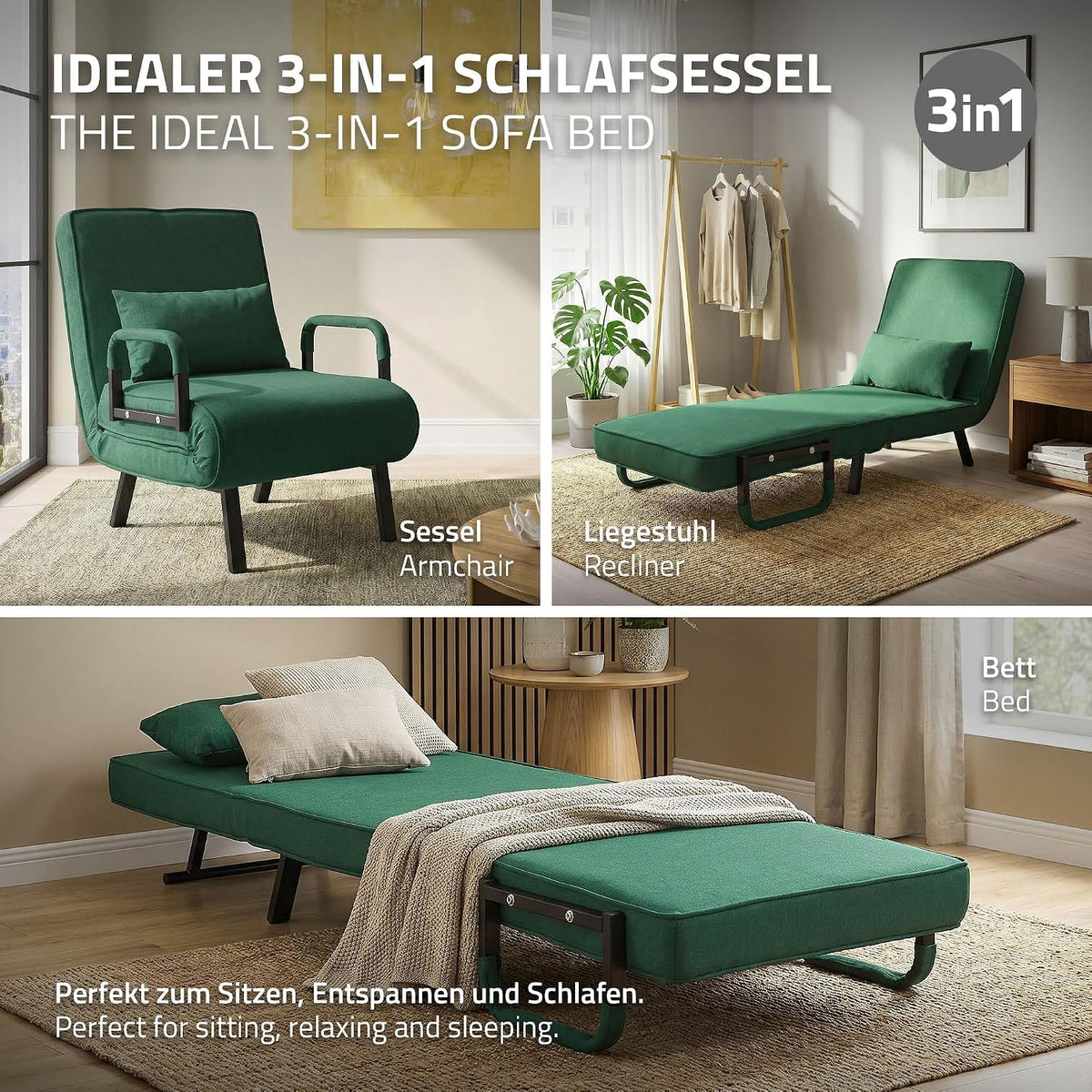 ML-Design Fotel Rozkladany 3 w 1 z Funkcja Spania, Skladany z Regulowanym Oparciem, Rozkladana Sofa dla Gosci, Lózko Jednoosobowe Stelaz Stalowy Miekka Tkanina Chenille Wygodny do Salonu Ciemnozielony