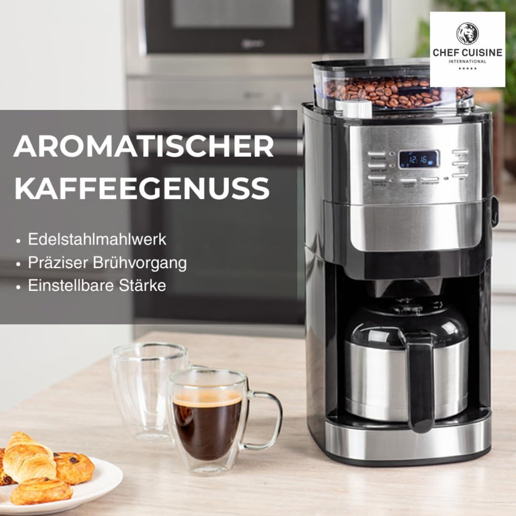 Cafetera de goteo con molinillo y jarra térmica (set 2 en 1) – Cafetera de 1050W para granos enteros y café molido, 12 tazas, temporizador 24h, acero inoxidable