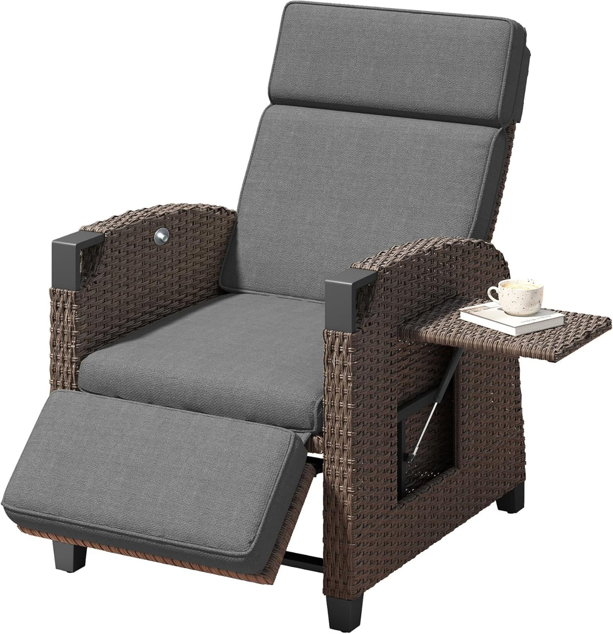 Tumbona Relax Amopatio, hamaca de ratán con respaldo ajustable y mesa plegable, sillón de jardín para exterior resistente a la intemperie, para terraza, jardín, balcón – Gris y Marrón