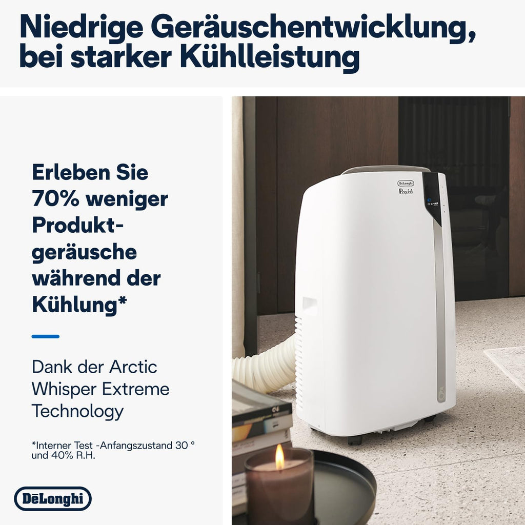 De'Longhi Pinguino PAC EM82, aire acondicionado portátil para habitaciones de hasta 80 m³, 9.400 BTU, 2,4 kW, 63 dB, función de deshumidificación, clase energética A, temporizador 24 h, blanco