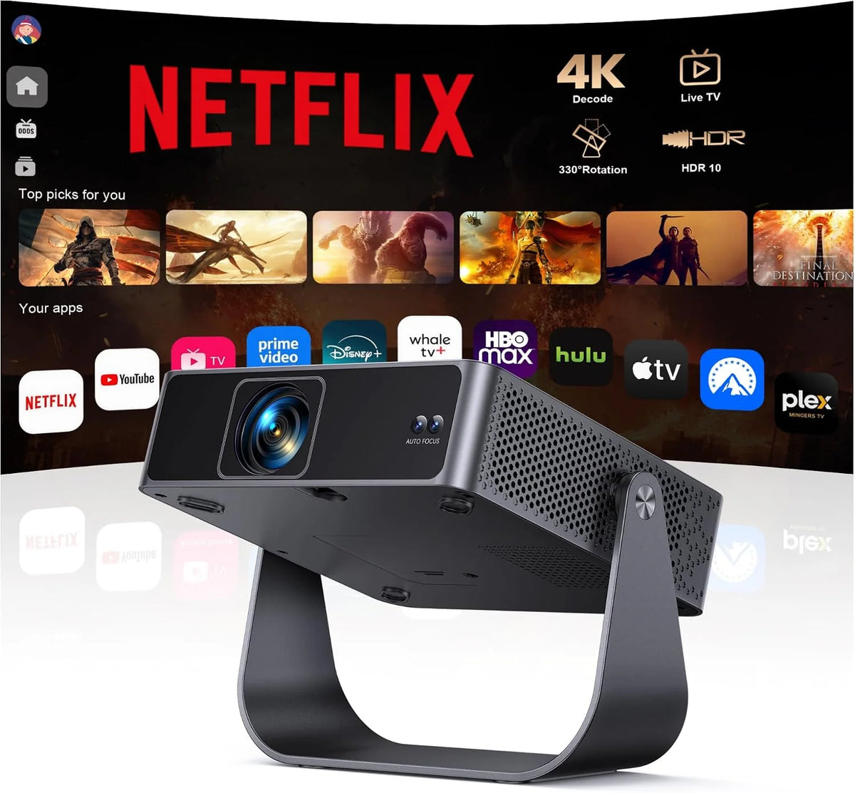 Inteligentny rzutnik (kompatybilny z Netflix/Live TV/obracany o 330°】 Mini projektor 4K z autofokusem / korekcją trapezu 6D, mini projektor 4K 1080p Full HD WiFi6 i Bluetooth do kina domowego