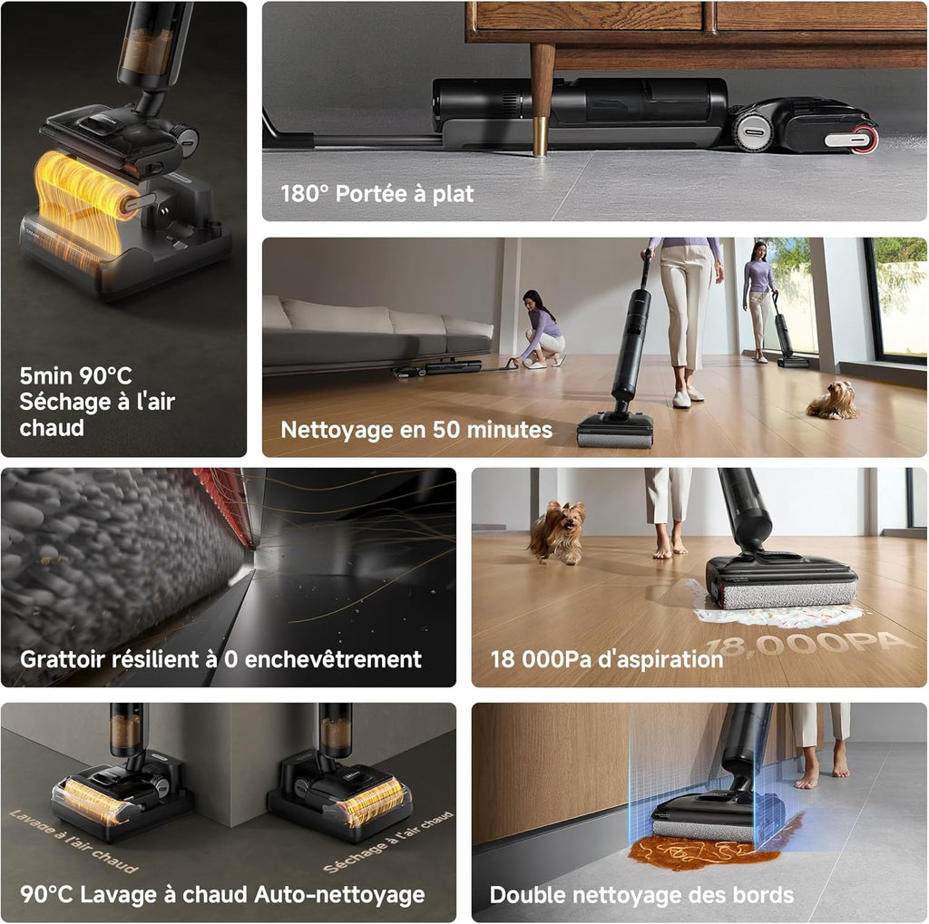 Aspiradora y fregadora Dreame H12 Pro FlexReach, alcance plano de 180°, secado en 5 min, succión de 18 000 Pa, lavado con agua caliente a 90 °C, limpieza de dos bordes, 50 minutos de autonomía.