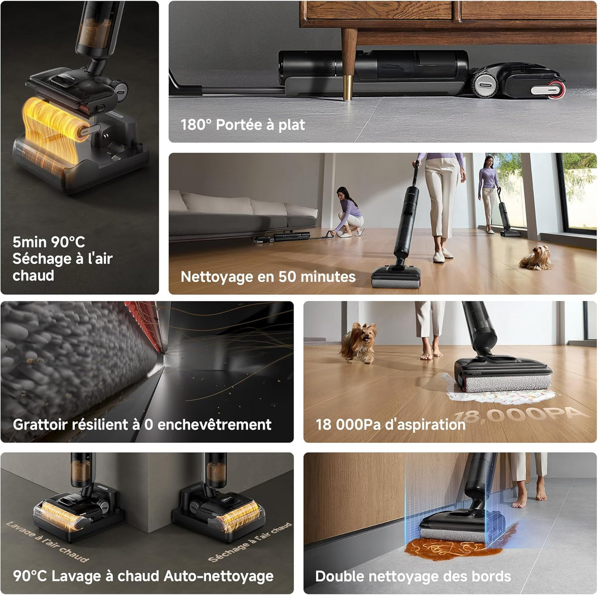 Aspiradora y fregadora Dreame H12 Pro FlexReach, alcance plano de 180°, secado en 5 min, succión de 18 000 Pa, lavado con agua caliente a 90 °C, limpieza de dos bordes, 50 minutos de autonomía.