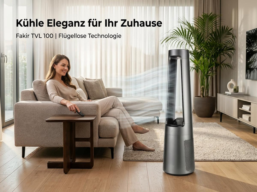 Ventilador de torre sin aspas Fakir TVL 100 - Motor CC, 12 velocidades de ventilación, 30 dB(A), oscilación de 60°, temporizador de 12h, pantalla táctil LED, mando a distancia, antracita