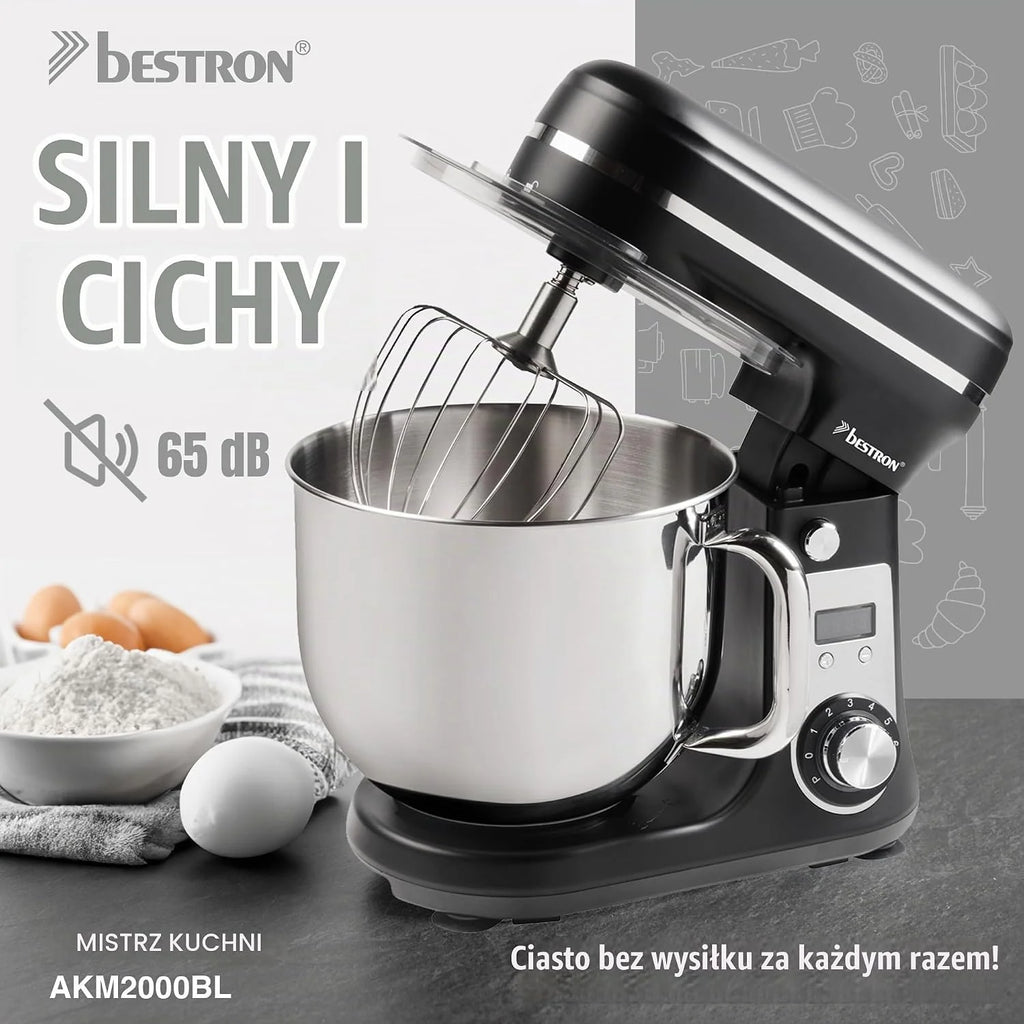 Bestron Robot kuchenny, Super Silent (65 db) robot kuchenny 4-1 z silnikiem DC, miska do mieszania 6 litrów, w zestawie hak do zagniatania, trzepaczka i ubijak do ciasta, 6 stopni prędkości + funkcja