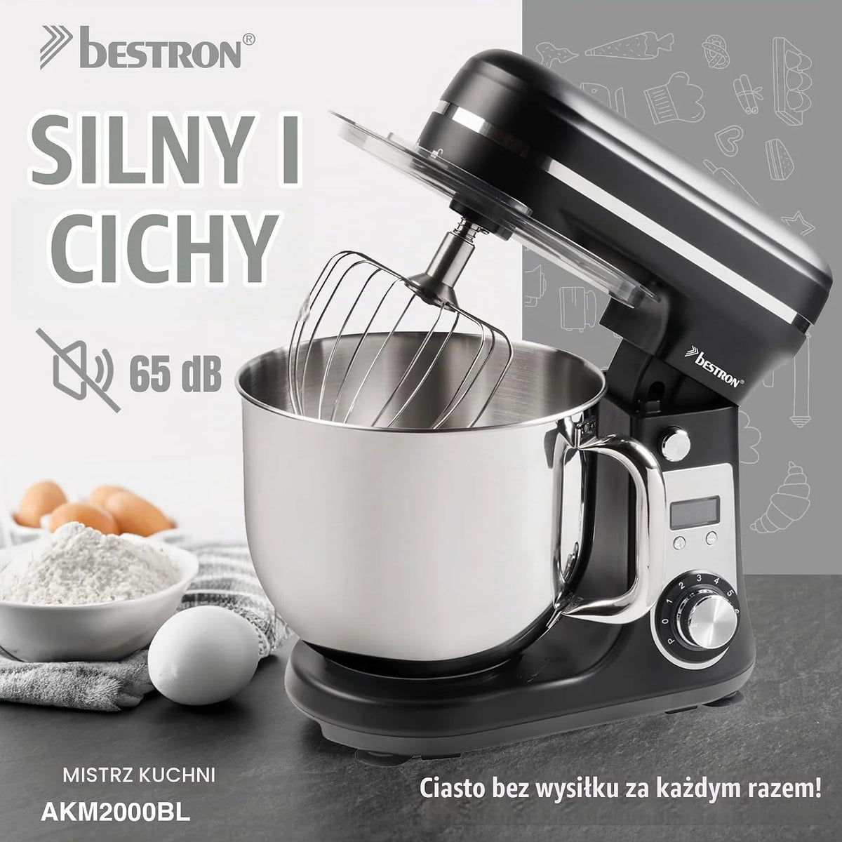 Bestron Robot kuchenny, Super Silent (65 db) robot kuchenny 4-1 z silnikiem DC, miska do mieszania 6 litrów, w zestawie hak do zagniatania, trzepaczka i ubijak do ciasta, 6 stopni prędkości + funkcja
