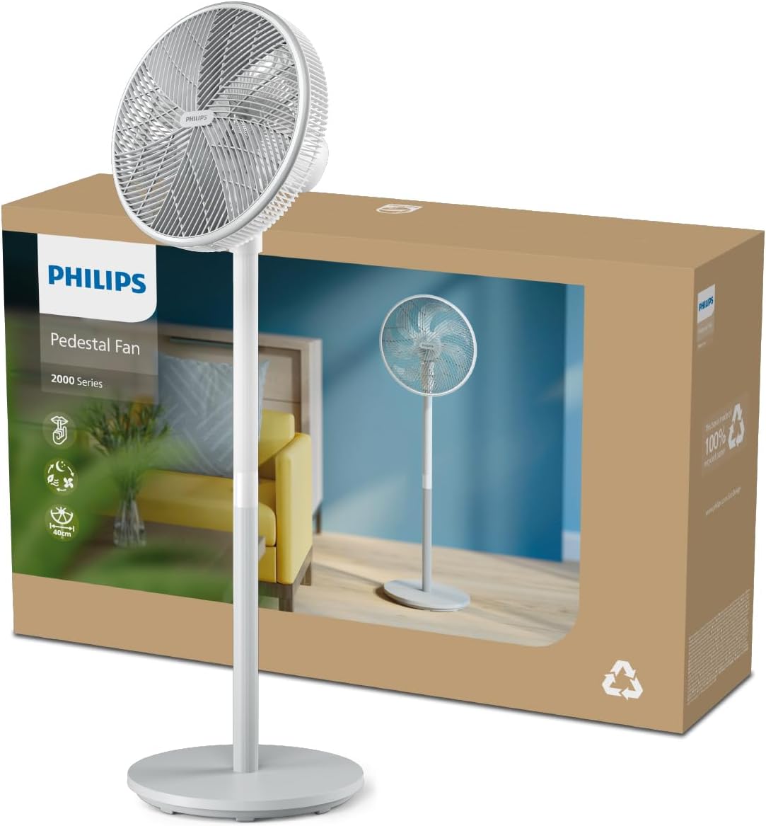 Ventilador PHILIPS Serie 2000. Potente y súper silencioso con tecnología SilentWings. 19 dB. Ventilador 2 en 1 de mesa y pie. Inclinación y oscilación ajustables. Temporizador de 12 horas. Blanco (CX2550/00)
