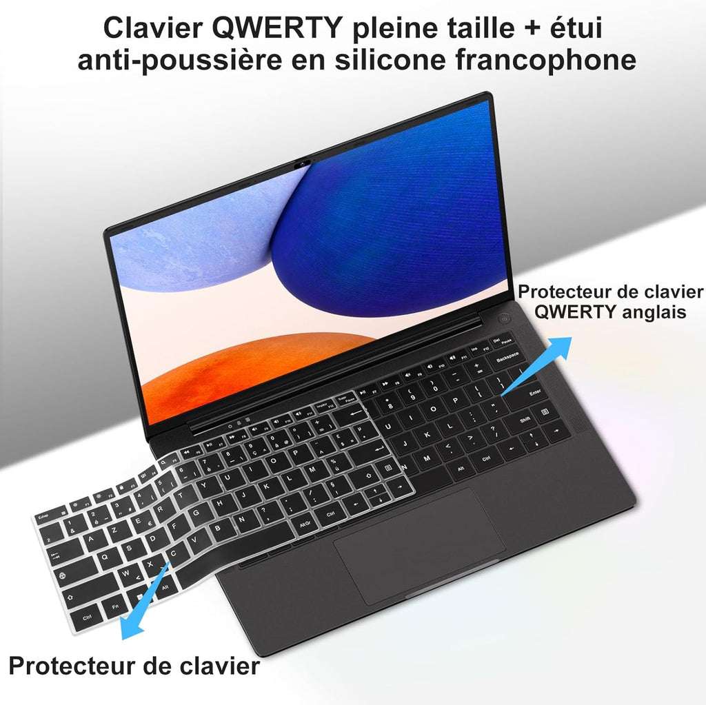 Portátil de 14 pulgadas Celeron N5095 Win11 Pro 8 GB RAM 256 GB SSD con expansión de 1 TB, WiFi 5G, FHD 1920x1080, PC portátil con ratón inalámbrico, teclado QWERTY con membrana de teclado AZERTY - Negro metalizado