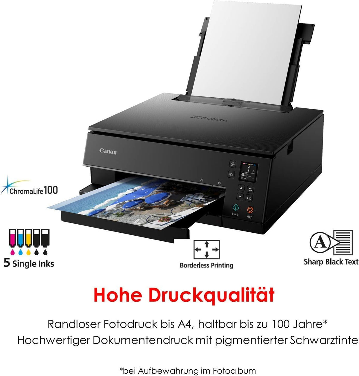 Impresora multifunción de inyección de tinta a color Canon PIXMA TS6350a DIN A4 (impresora fotográfica, escáner, copiadora, OLED, 4.800x1.200 ppp, USB, WLAN, 5 tintas independientes, impresión a doble cara, 2 bandejas de papel), negro