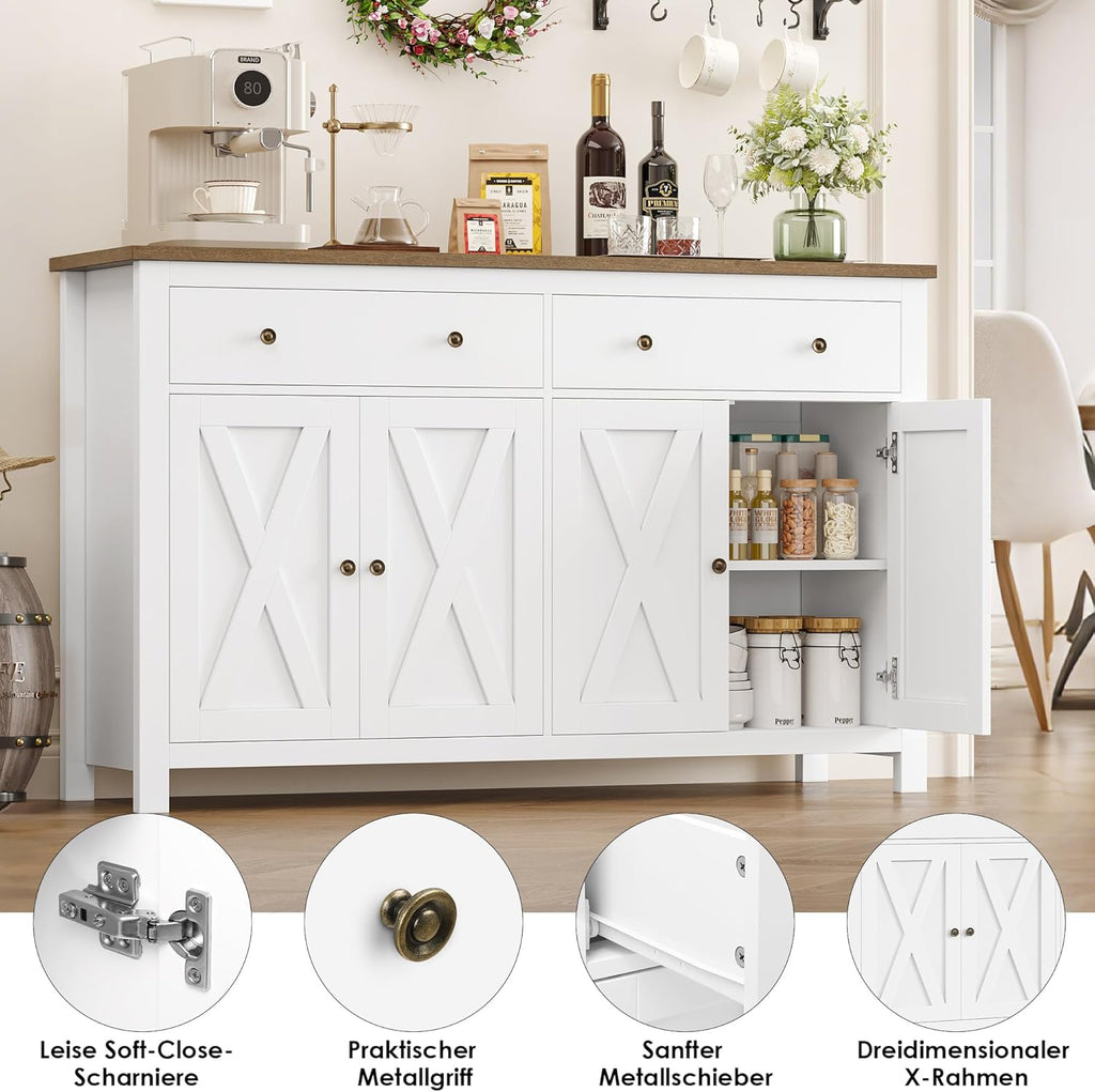 Aparador FirFurd de 140 cm de ancho, armario de cocina con encimera, alacena con 2 cajones y 4 puertas, mueble buffet de cocina con estante ajustable, aparador para cocina, salón y comedor, blanco, 140x89x40 cm