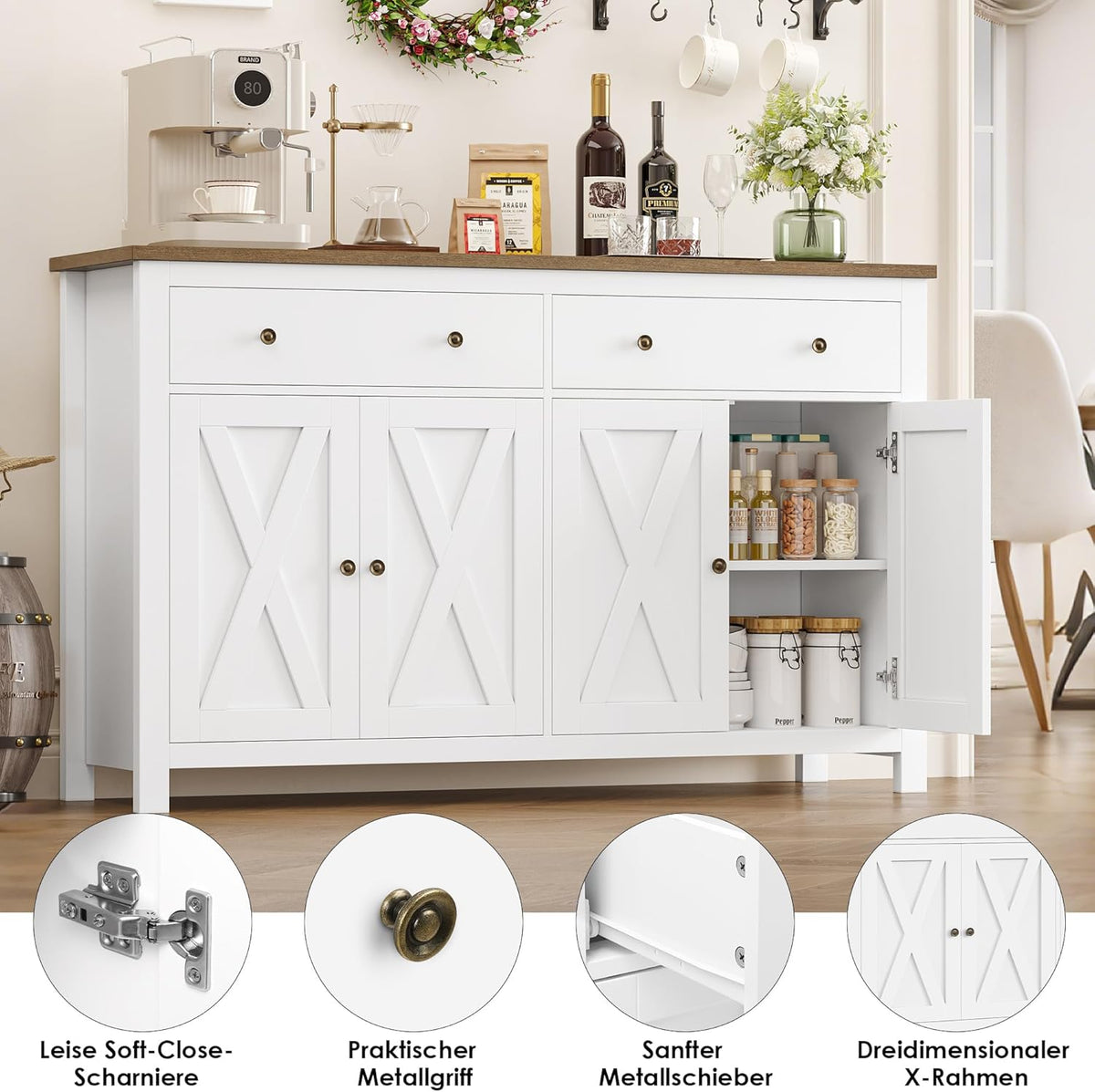 Aparador FirFurd de 140 cm de ancho, armario de cocina con encimera, alacena con 2 cajones y 4 puertas, mueble buffet de cocina con estante ajustable, aparador para cocina, salón y comedor, blanco, 140x89x40 cm
