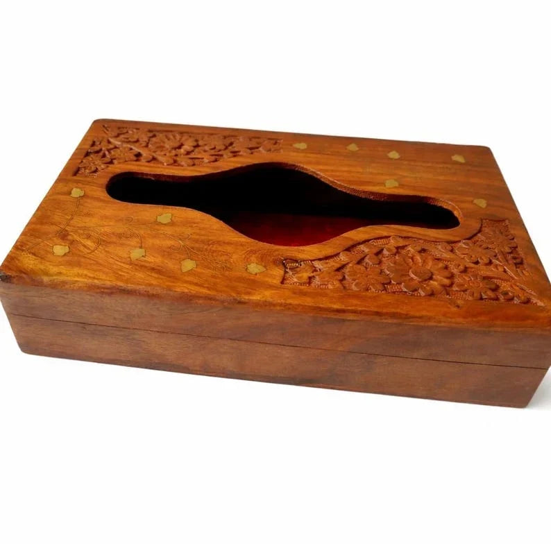 Caja rectangular de madera para servilletas con tallado floral, decoración rústica para baño, oficina o escritorio