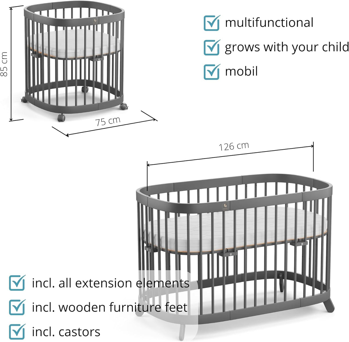 Cuna 7 en 1 tweeto®: cuna de madera evolutiva | cuna de colecho y cuna de barrotes de altura regulable | convertible en cama infantil y parque de juegos (haya natural)