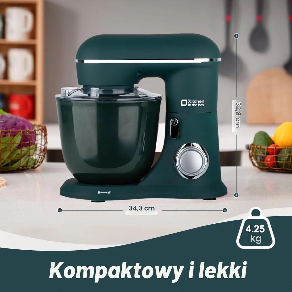 Kitchen in the Box Robot kuchenny, maszyna do ugniatania ciasta 4,5 l i 5 l, prędkość 10+P, z hakiem do zagniatania, mieszadłem i trzepaczką, 1300 W, ciemnozielony
