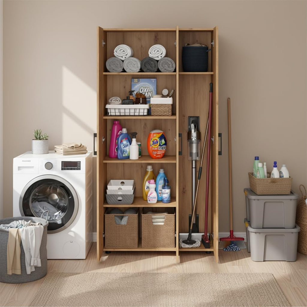 Bellamio Apol Mehrzweckschrank Eichenoptik – Besenschrank 90 cm breit mit Stauraum – Putzschrank mit Staubsaugerfach – Vorratsschrank Küche - Aktenschrank aus Holz - Flurschrank – Aufbewahrungsschrank