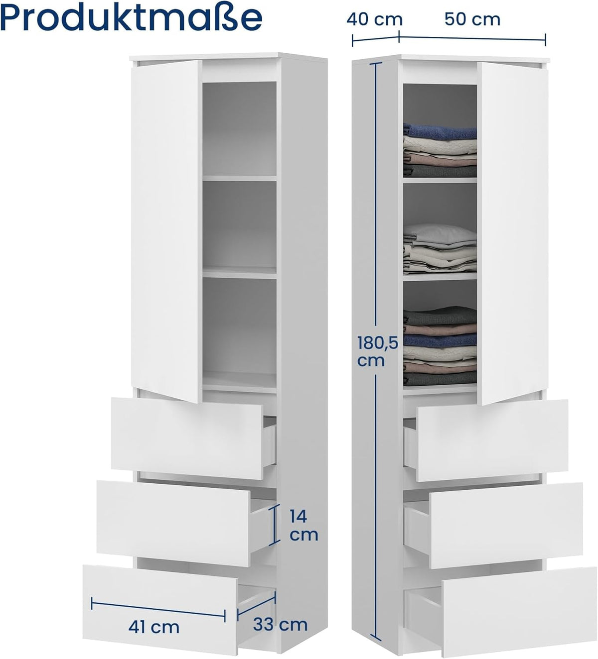 Armario ropero, armario vestidor, armario multiusos con 3 estantes y 3 cajones | armario compacto y funcional para dormitorio, recibidor o despacho | 50x40x180 cm (ancho x fondo x alto) | Blanco