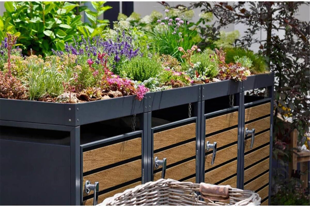 Cubrecontenedores Metzler para 4 cubos de 240L en antracita y efecto madera con techo ajardinado y franjas decorativas, cerramiento para 4 cubos con tapa automática, caseta para basura de acero inoxidable con recubrimiento en polvo, con cerradura